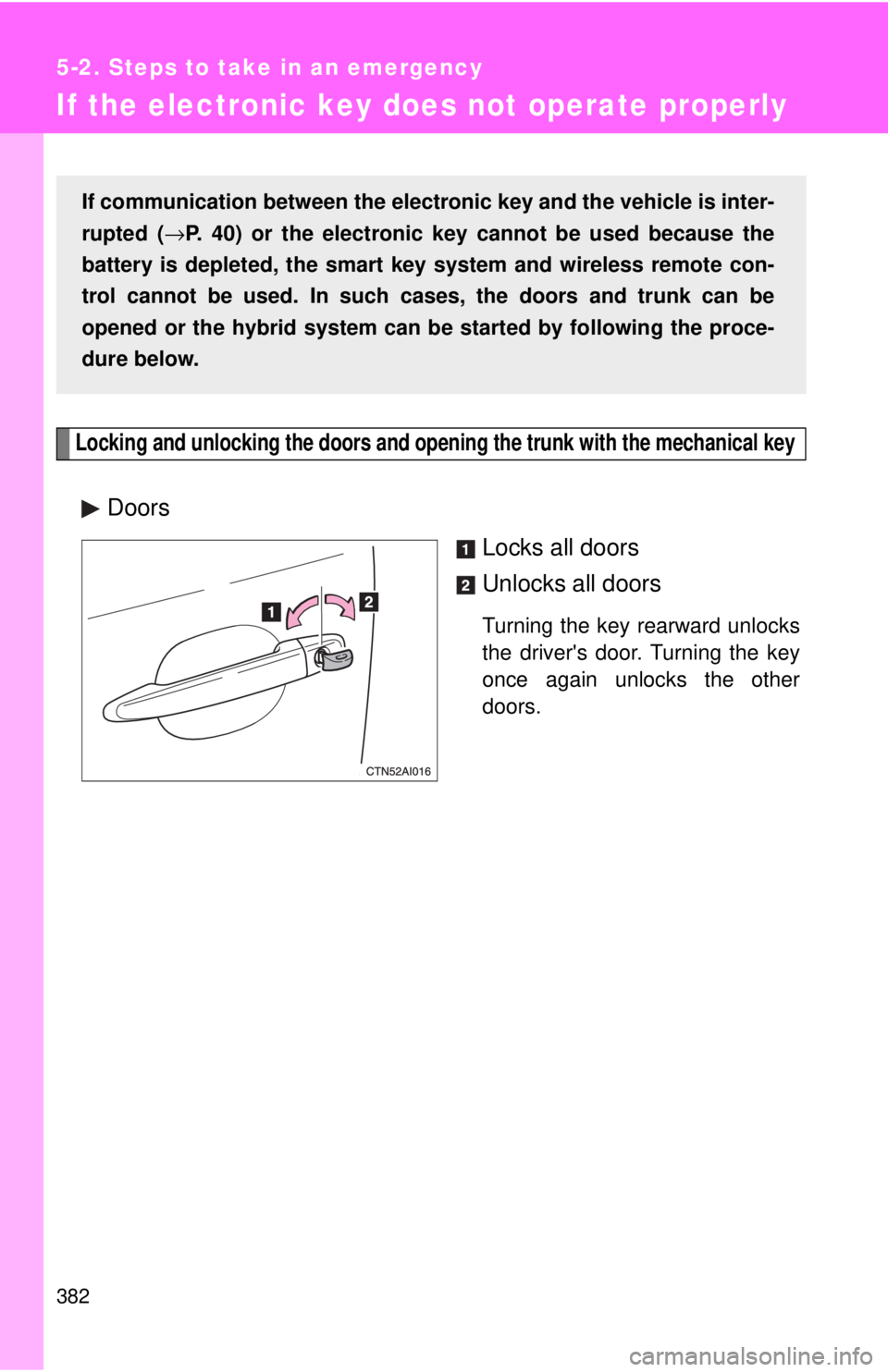 TOYOTA CAMRY HV 2009 Owners Manual 382
5-2. Steps to take in an emergency
If the electronic key does not operate properly
Locking and unlocking the doors and opening the trunk with the mechanical key
Doors
Locks all doors
Unlocks all d TOYOTA CAMRY HV 2009 Owners Manual 382
5-2. Steps to take in an emergency
If the electronic key does not operate properly
Locking and unlocking the doors and opening the trunk with the mechanical key
Doors
Locks all doors
Unlocks all d