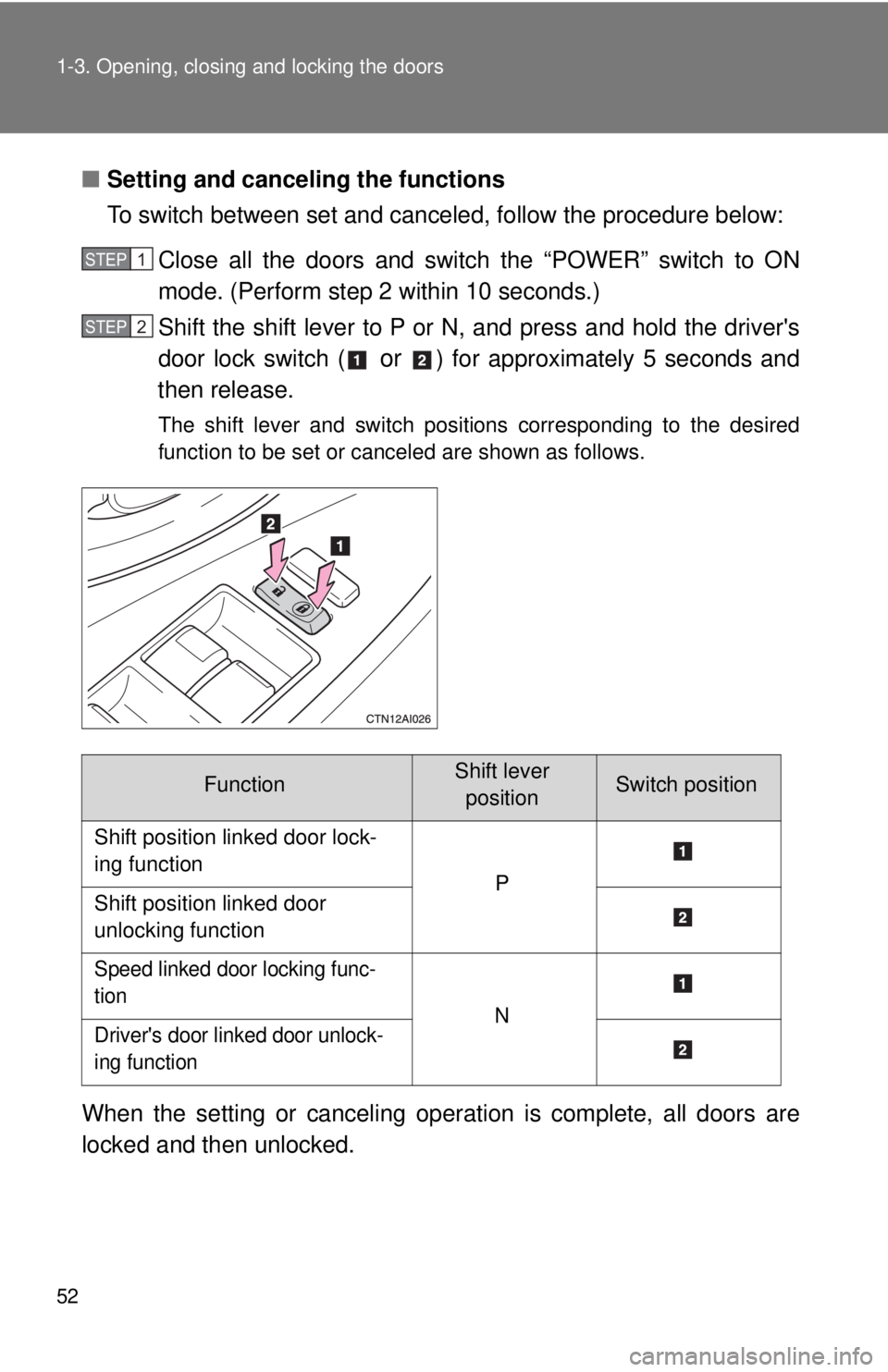 TOYOTA CAMRY HV 2009 Workshop Manual 52 1-3. Opening, closing and locking the doors
■Setting and canceling the functions
To switch between set and canceled, follow the procedure below:
Close all the doors and switch the “POWER” swi