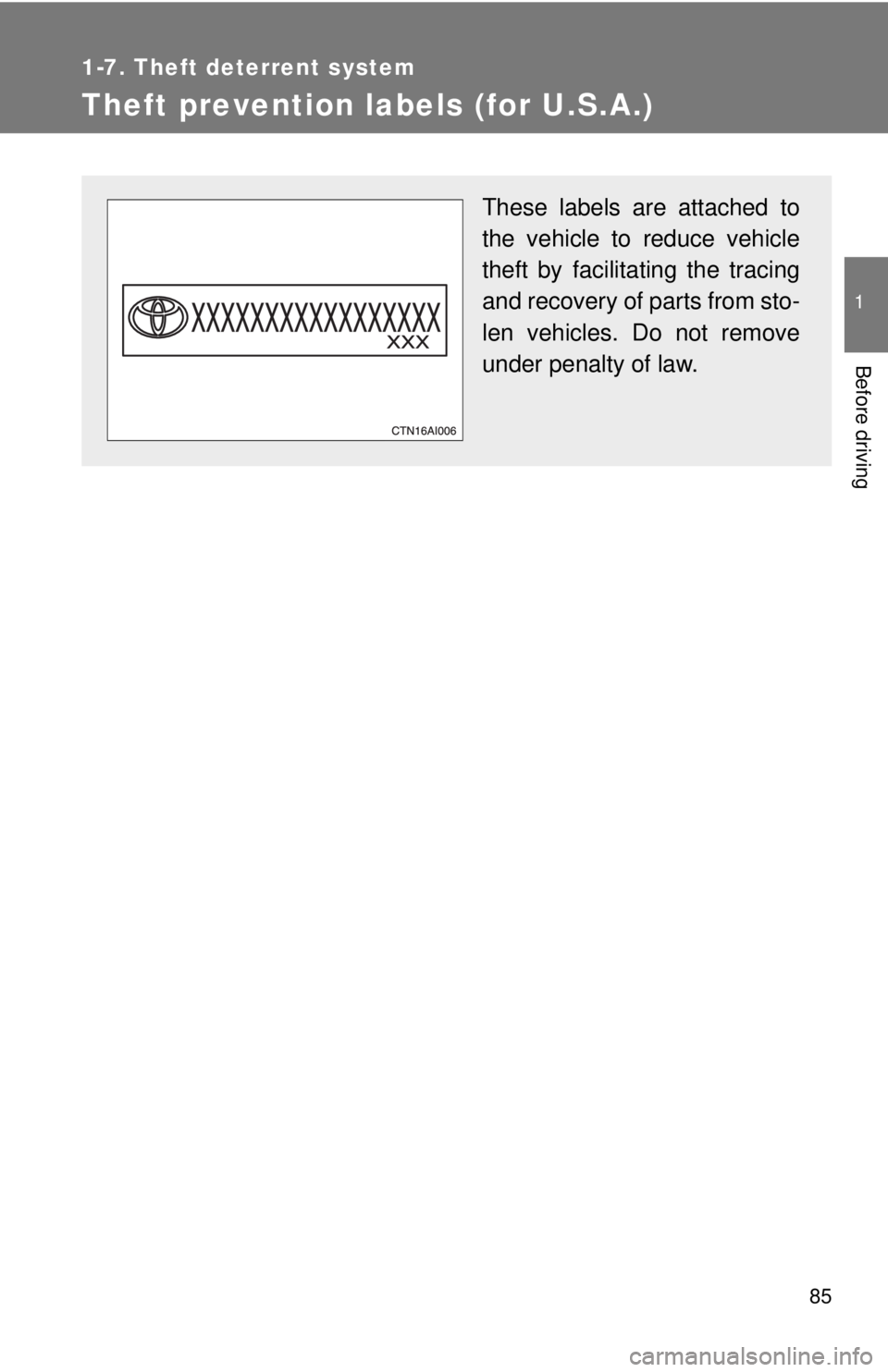 TOYOTA CAMRY HV 2009 Manual Online 85
1
1-7. Theft deterrent system
Before driving
Theft prevention labels (for U.S.A.)
These labels are attached to
the vehicle to reduce vehicle
theft by facilitating the tracing
and recovery of parts 