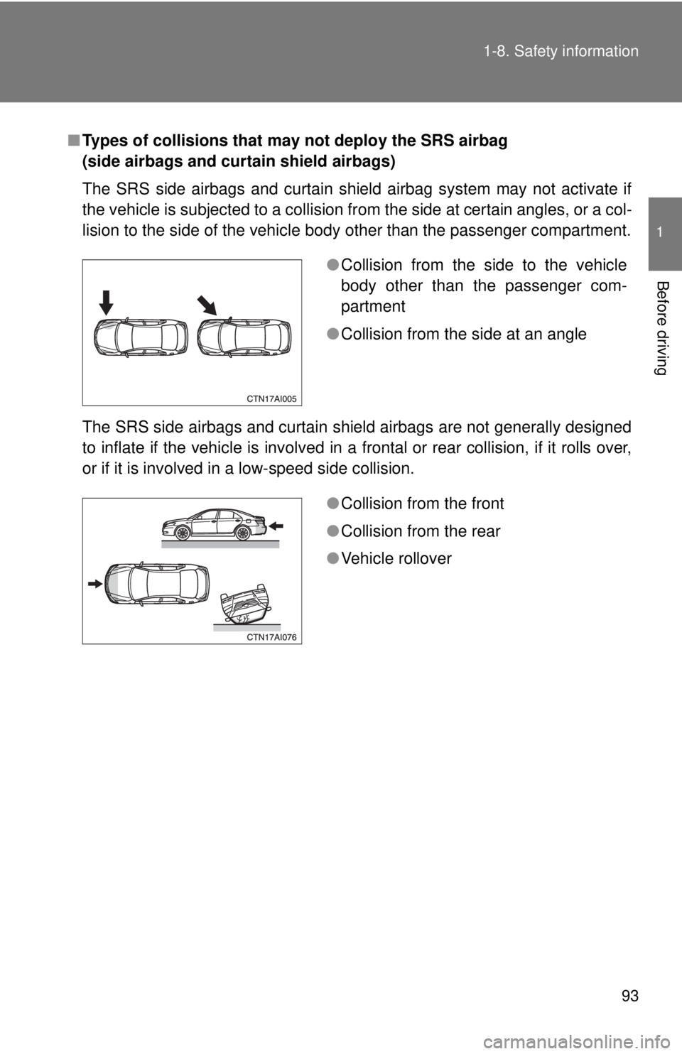 TOYOTA CAMRY HV 2009 Owners Manual 93
1-8. Safety information
1
Before driving
■
Types of collisions that may not deploy the SRS airbag
(side airbags and curtain shield airbags)
The SRS side airbags and curtain shield airbag system TOYOTA CAMRY HV 2009 Owners Manual 93
1-8. Safety information
1
Before driving
■
Types of collisions that may not deploy the SRS airbag
(side airbags and curtain shield airbags)
The SRS side airbags and curtain shield airbag system