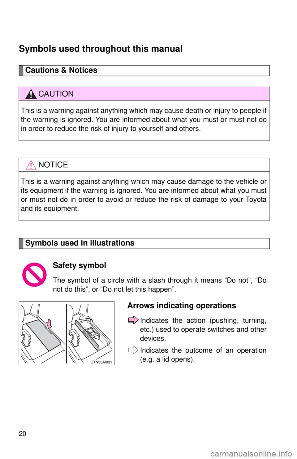 TOYOTA CAMRY HV 2011 User Guide 20
Symbols used throughout this manual
Cautions & Notices
Symbols used in illustrations
CAUTION
This is a warning against anything which may cause death or injury to people if
the warning is ignored. TOYOTA CAMRY HV 2011 User Guide 20
Symbols used throughout this manual
Cautions & Notices
Symbols used in illustrations
CAUTION
This is a warning against anything which may cause death or injury to people if
the warning is ignored.