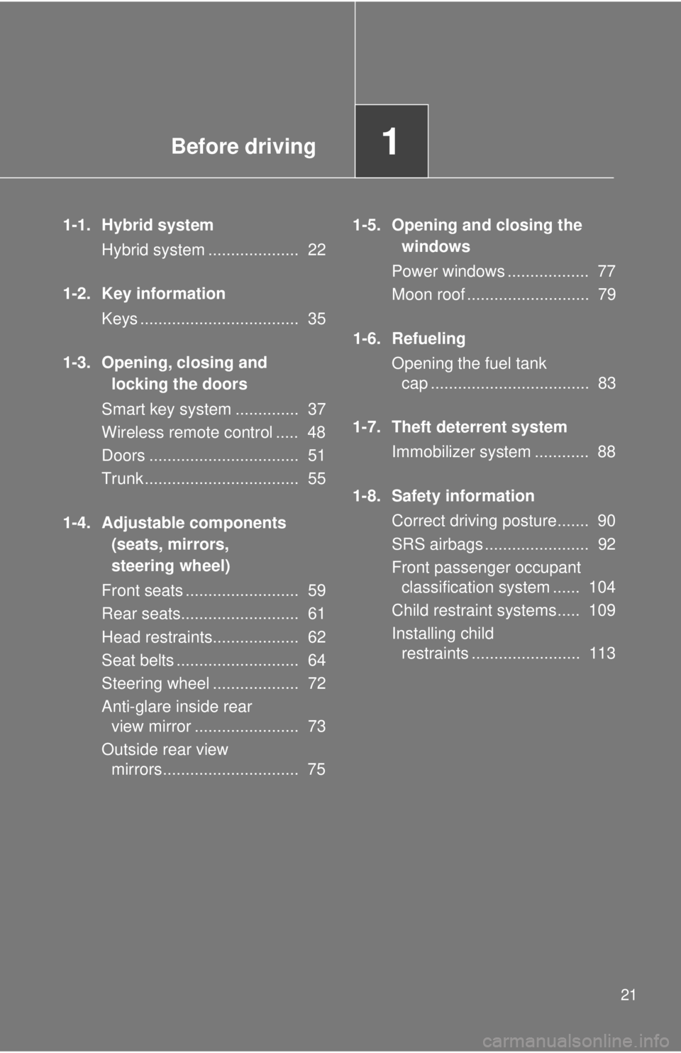 TOYOTA CAMRY HV 2011 Owners Manual Before driving1
21
1-1. Hybrid systemHybrid system ....................  22
1-2. Key information Keys ...................................  35
1-3. Opening, closing and  locking the doors
Smart key sys