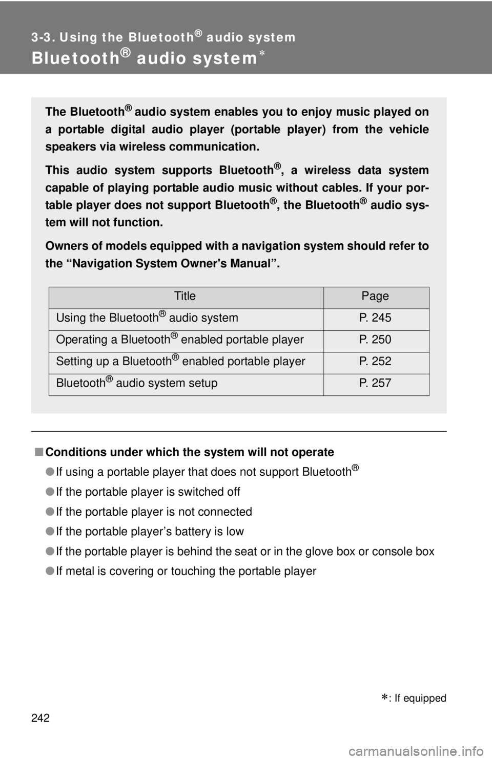 TOYOTA CAMRY HV 2011 Owners Manual 242
3-3. Using the Bluetooth® audio system
Bluetooth® audio system
■Conditions under which th e system will not operate
● If using a portable player that does not support Bluetooth
®
●If t TOYOTA CAMRY HV 2011 Owners Manual 242
3-3. Using the Bluetooth® audio system
Bluetooth® audio system
■Conditions under which th e system will not operate
● If using a portable player that does not support Bluetooth
®
●If t