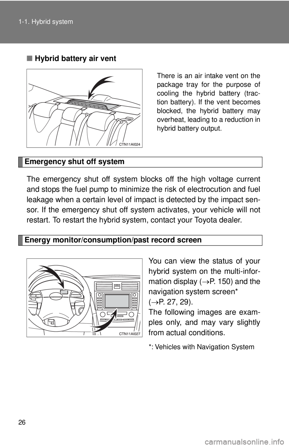 TOYOTA CAMRY HV 2011 Owners Manual 26 1-1. Hybrid system
■Hybrid battery air vent
There is an air intake vent on the
package tray for the purpose of
cooling the hybrid battery (trac-
tion battery). If the vent becomes
blocked, the hy