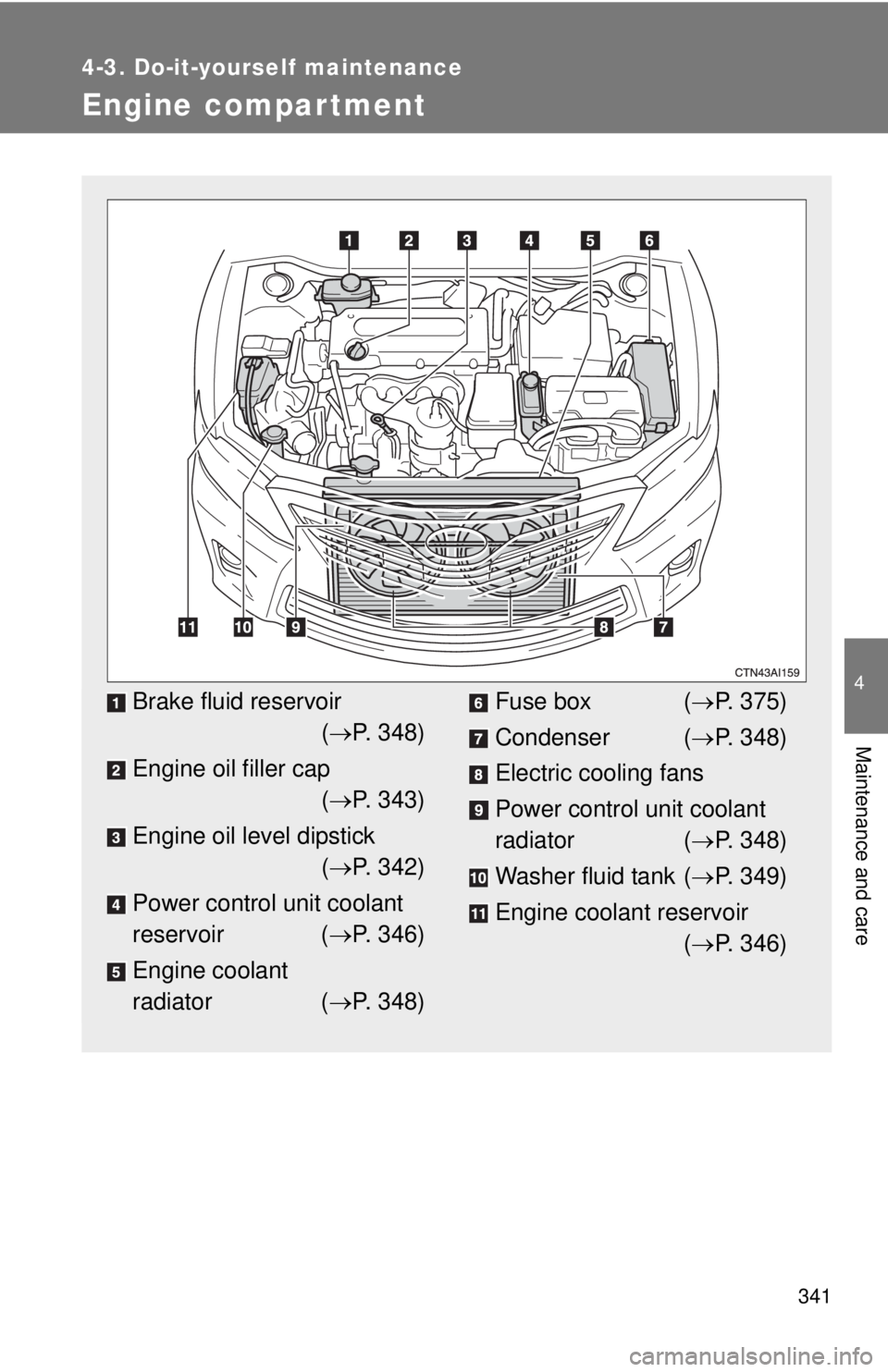 TOYOTA CAMRY HV 2011 Owners Manual 341
4-3. Do-it-yourself maintenance
4
Maintenance and care
Engine compar tment
Brake fluid reservoir( P. 348)
Engine oil filler cap ( P. 343)
Engine oil level dipstick ( P. 342)
Power control TOYOTA CAMRY HV 2011 Owners Manual 341
4-3. Do-it-yourself maintenance
4
Maintenance and care
Engine compar tment
Brake fluid reservoir( P. 348)
Engine oil filler cap ( P. 343)
Engine oil level dipstick ( P. 342)
Power control
