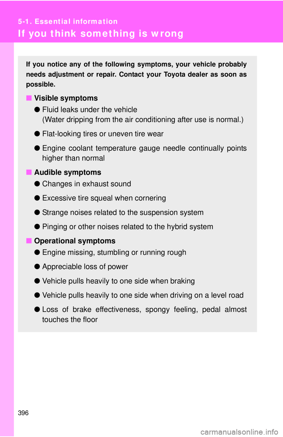 TOYOTA CAMRY HV 2011 Owners Manual 396
5-1. Essential information
If you think something is wrong
If you notice any of the following symptoms, your vehicle probably
needs adjustment or repair. Contact your Toyota dealer as soon as
poss TOYOTA CAMRY HV 2011 Owners Manual 396
5-1. Essential information
If you think something is wrong
If you notice any of the following symptoms, your vehicle probably
needs adjustment or repair. Contact your Toyota dealer as soon as
poss