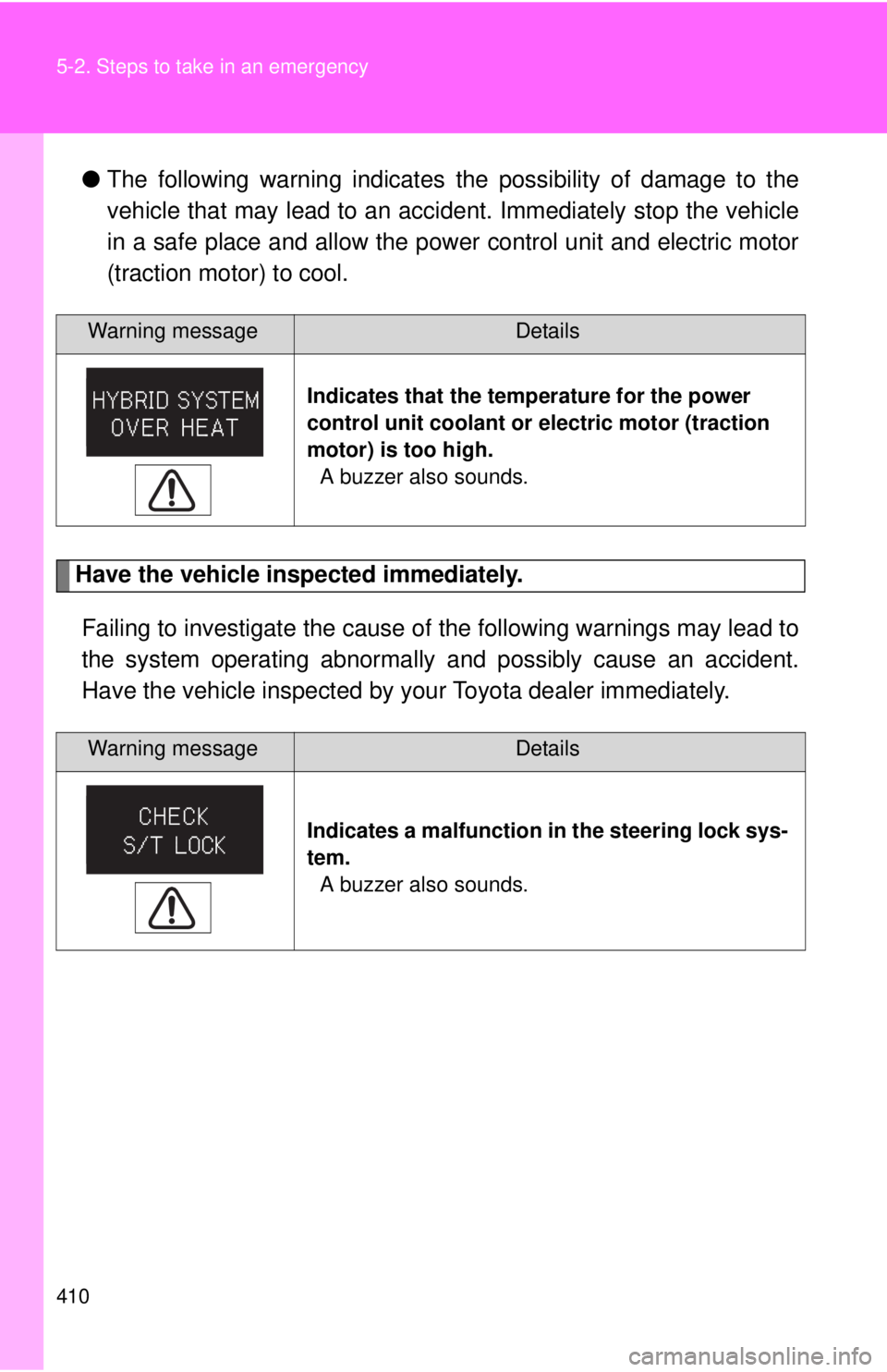 TOYOTA CAMRY HV 2011 Owners Manual 410 5-2. Steps to take in an emergency
●The following warning indicates the possibility of damage to the
vehicle that may lead to an acci dent. Immediately stop the vehicle
in a safe place and allo TOYOTA CAMRY HV 2011 Owners Manual 410 5-2. Steps to take in an emergency
●The following warning indicates the possibility of damage to the
vehicle that may lead to an acci dent. Immediately stop the vehicle
in a safe place and allo
