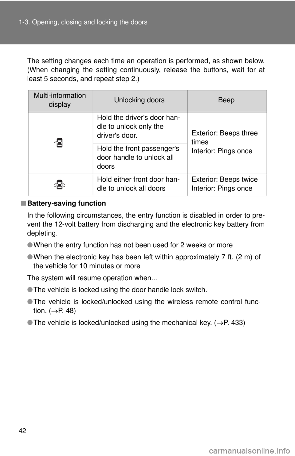 TOYOTA CAMRY HV 2011 Service Manual 42 1-3. Opening, closing and locking the doors
The setting changes each time an operation is performed, as shown below.
(When changing the setting continuously, release the buttons, wait for at
least 