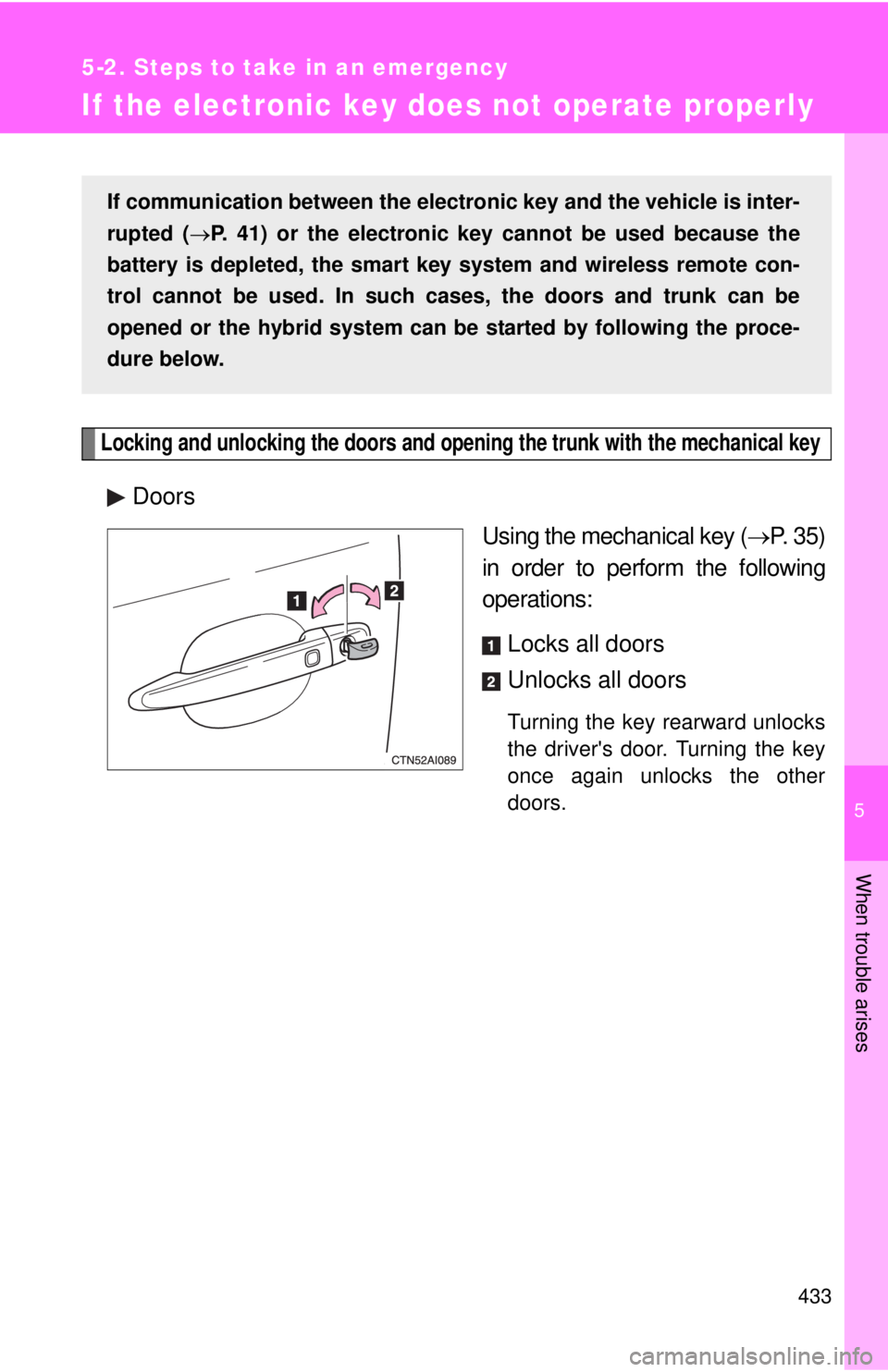 TOYOTA CAMRY HV 2011  Owners Manual 5
When trouble arises
433
5-2. Steps to take in an emergency
If the electronic key does not operate properly
Locking and unlocking the doors and opening the trunk with the mechanical key
DoorsUsing th