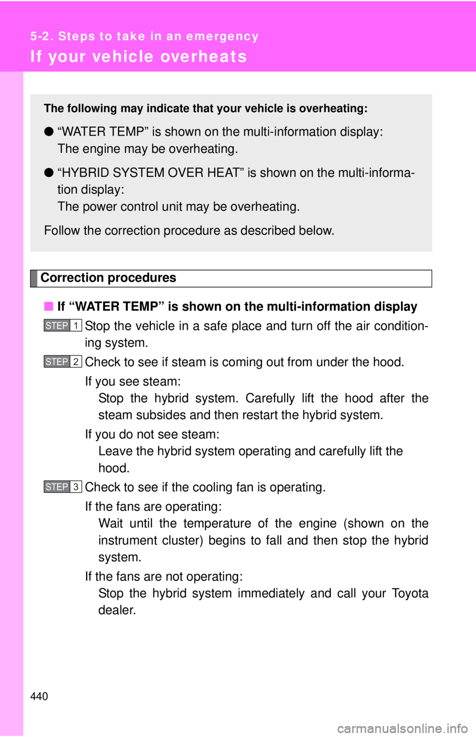 TOYOTA CAMRY HV 2011  Owners Manual 440
5-2. Steps to take in an emergency
If your vehicle overheats
Correction procedures■ If “WATER TEMP” is shown on  the multi-information display
Stop the vehicle in a safe place  and turn off 