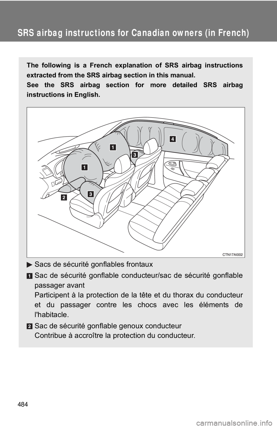 TOYOTA CAMRY HV 2011 Owners Manual 484
SRS airbag instructions for Canadian owners (in French)
The following is a French explanation of SRS airbag instructions
extracted from the SRS airbag section in this manual.
See the SRS airbag se TOYOTA CAMRY HV 2011 Owners Manual 484
SRS airbag instructions for Canadian owners (in French)
The following is a French explanation of SRS airbag instructions
extracted from the SRS airbag section in this manual.
See the SRS airbag se