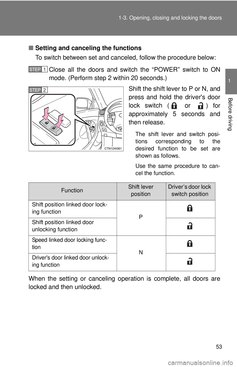 TOYOTA CAMRY HV 2011 Workshop Manual 53
1-3. Opening, closing and locking the doors
1
Before driving
■
Setting and canceling the functions
To switch between set and canceled, follow the procedure below:
Close all the doors and switch t