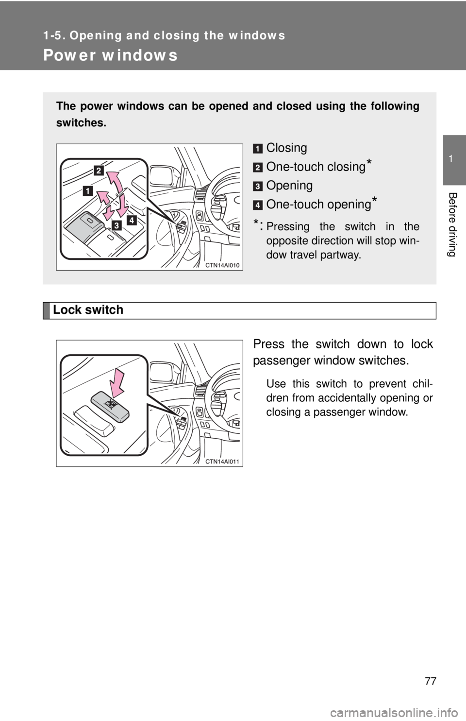 TOYOTA CAMRY HV 2011 Manual PDF 77
1
Before driving
1-5. Opening and closing the windows
Power windows
Lock switchPress the switch down to lock
passenger window switches.
Use this switch to prevent chil-
dren from accidentally openi