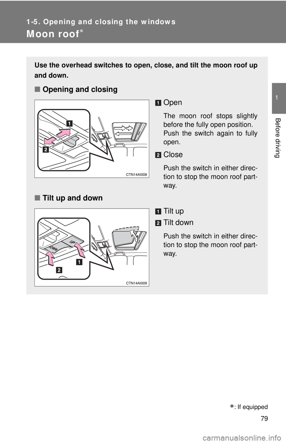 TOYOTA CAMRY HV 2011 Manual PDF 79
1
1-5. Opening and closing the windows
Before driving
Moon roof
Use the overhead switches to open, close, and tilt the moon roof up
and down.
■Opening and closing
Open
The moon roof stops slig