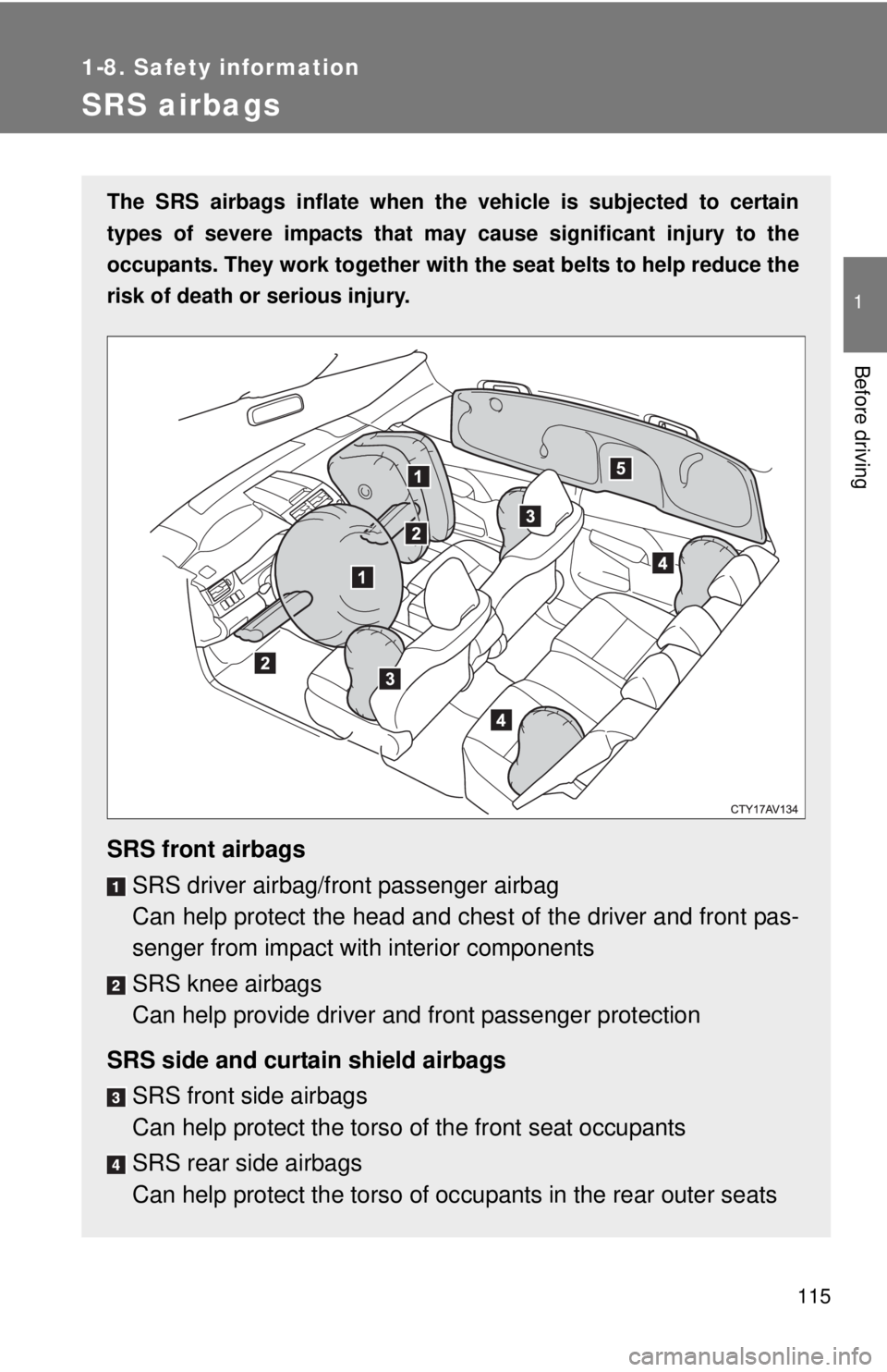 TOYOTA CAMRY HV 2012 Owners Manual 115
1
1-8. Safety information
Before driving
SRS airbags
The SRS airbags inflate when the vehicle is subjected to certain
types of severe impacts that may cause significant injury to the
occupants. T TOYOTA CAMRY HV 2012 Owners Manual 115
1
1-8. Safety information
Before driving
SRS airbags
The SRS airbags inflate when the vehicle is subjected to certain
types of severe impacts that may cause significant injury to the
occupants. T