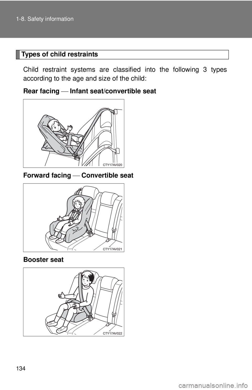 TOYOTA CAMRY HV 2012 Owners Manual 134 1-8. Safety information
Types of child restraintsChild restraint systems are clas sified into the following 3 types
according to the age and size of the child:
Rear facing Infant seat/convert TOYOTA CAMRY HV 2012 Owners Manual 134 1-8. Safety information
Types of child restraintsChild restraint systems are clas sified into the following 3 types
according to the age and size of the child:
Rear facing Infant seat/convert