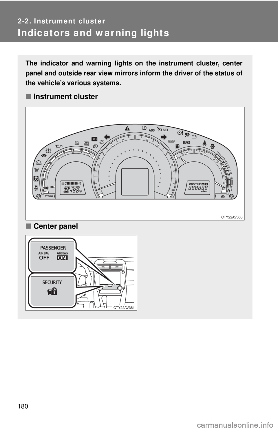 TOYOTA CAMRY HV 2012  Owners Manual 180
2-2. Instrument cluster
Indicators and warning lights
The indicator and warning lights on the instrument cluster, center
panel and outside rear view mirrors inform the driver of the status of
the 