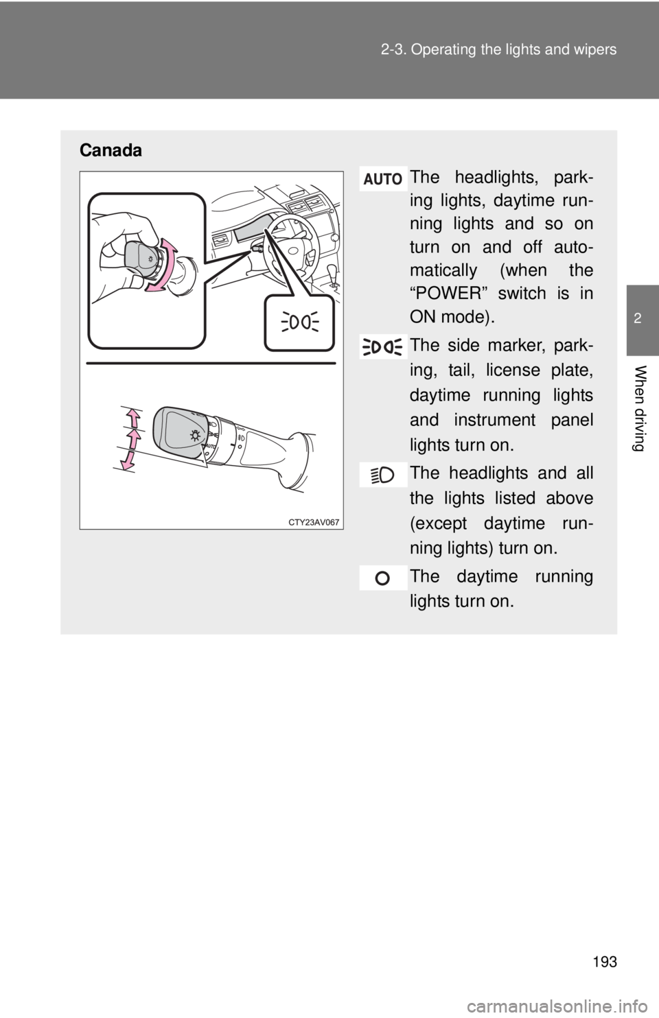 TOYOTA CAMRY HV 2012  Owners Manual 193
2-3. Operating the lights and wipers
2
When driving
Canada
The headlights, park-
ing lights, daytime run-
ning lights and so on
turn on and off auto-
matically (when the
“POWER” switch is in
O