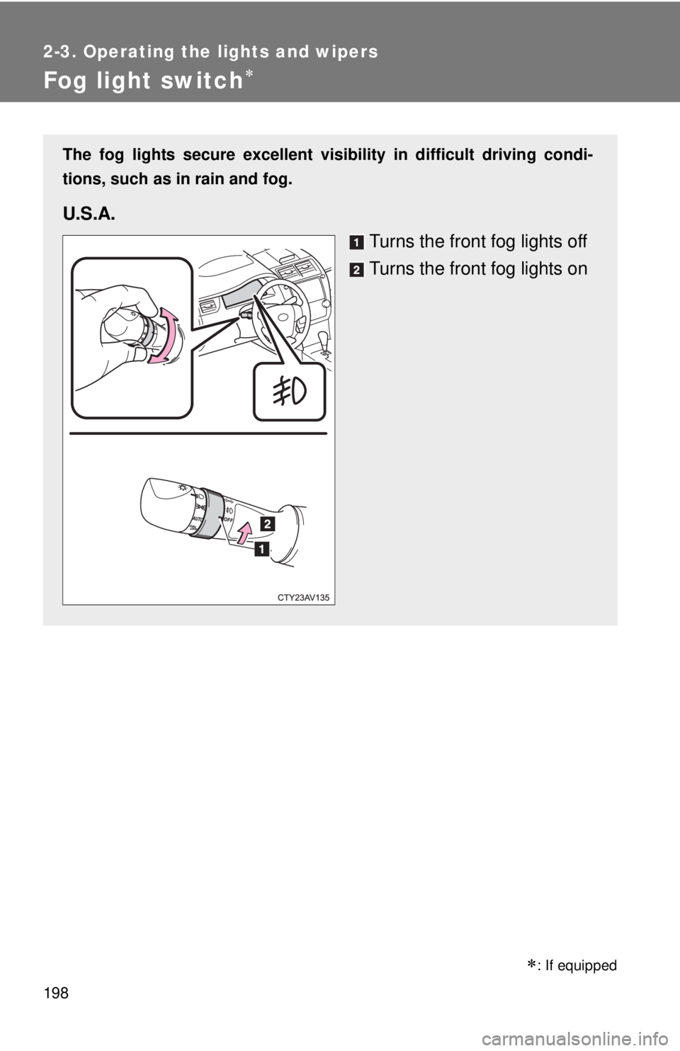 TOYOTA CAMRY HV 2012  Owners Manual 198
2-3. Operating the lights and wipers
Fog light switch
: If equipped
The fog lights secure excellent visibility in difficult driving condi-
tions, such as in rain and fog. 
U.S.A.
Turns the f