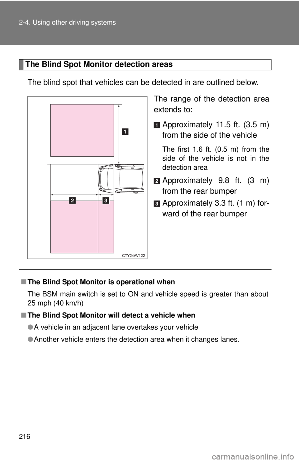 TOYOTA CAMRY HV 2012 Owners Manual 216 2-4. Using other driving systems
The Blind Spot Monitor detection areasThe blind spot that vehicles can be detected in are outlined below.
The range of the detection area
extends to:Approximately TOYOTA CAMRY HV 2012 Owners Manual 216 2-4. Using other driving systems
The Blind Spot Monitor detection areasThe blind spot that vehicles can be detected in are outlined below.
The range of the detection area
extends to:Approximately