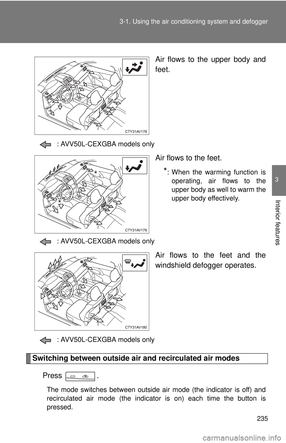 TOYOTA CAMRY HV 2012 Owners Manual 235
3-1. Using the air conditioning system
and defogger
3
Interior features
Air flows to the upper body and
feet.
: AVV50L-CEXGBA models only
Air flows to the feet.
*: When the warming function is
op TOYOTA CAMRY HV 2012 Owners Manual 235
3-1. Using the air conditioning system
and defogger
3
Interior features
Air flows to the upper body and
feet.
: AVV50L-CEXGBA models only
Air flows to the feet.
*: When the warming function is
op