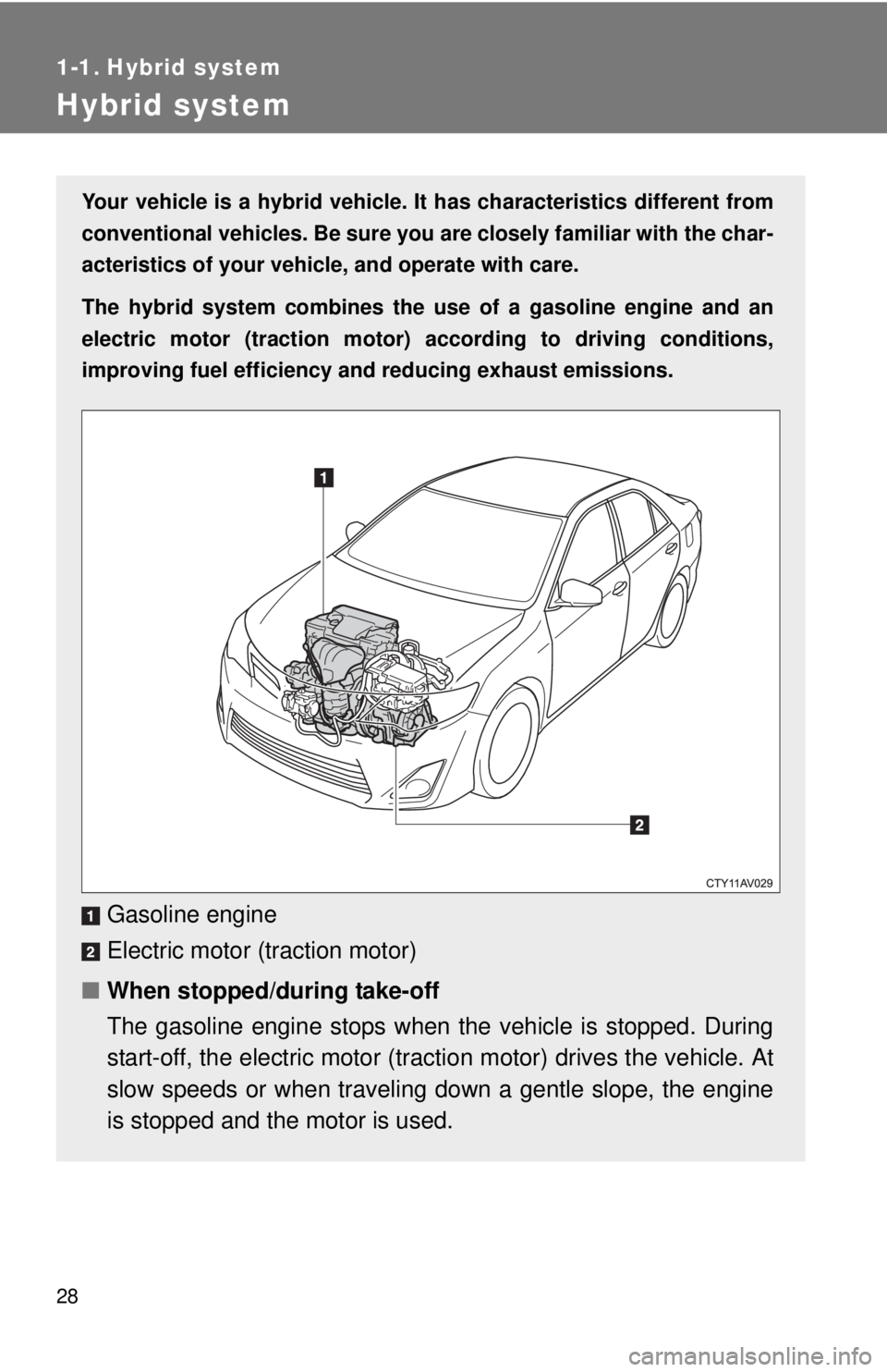 TOYOTA CAMRY HV 2012 Owners Manual 28
1-1. Hybrid system
Hybrid system
Your vehicle is a hybrid vehicle. It has characteristics different from
conventional vehicles. Be sure you are closely familiar with the char-
acteristics of your v TOYOTA CAMRY HV 2012 Owners Manual 28
1-1. Hybrid system
Hybrid system
Your vehicle is a hybrid vehicle. It has characteristics different from
conventional vehicles. Be sure you are closely familiar with the char-
acteristics of your v