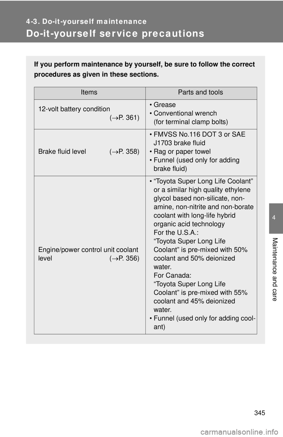 TOYOTA CAMRY HV 2012  Owners Manual 345
4
Maintenance and care
4-3. Do-it-yourself maintenance
Do-it-yourself ser vice precautions
If you perform maintenance by yourself, be sure to follow the correct
procedures as given in these sectio