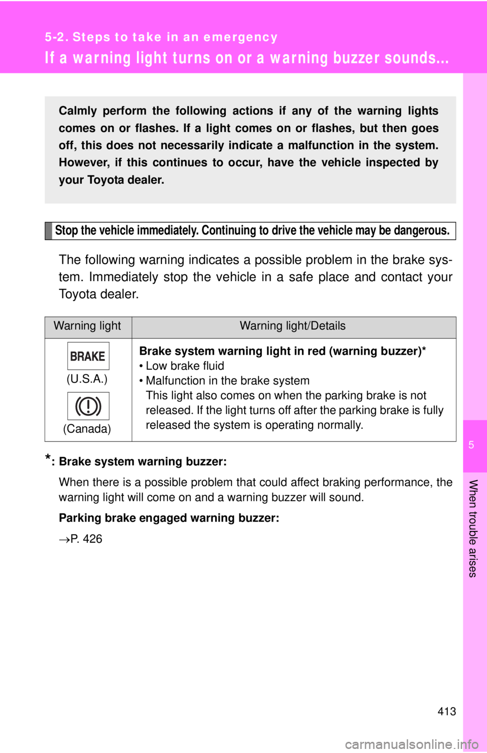 TOYOTA CAMRY HV 2012 Owners Manual 5
When trouble arises
413
5-2. Steps to take in an emergency
If a war ning light turns on or a war ning buzzer sounds...
Stop the vehicle immediately. Continuing to drive the vehicle may be dangerous. TOYOTA CAMRY HV 2012 Owners Manual 5
When trouble arises
413
5-2. Steps to take in an emergency
If a war ning light turns on or a war ning buzzer sounds...
Stop the vehicle immediately. Continuing to drive the vehicle may be dangerous.