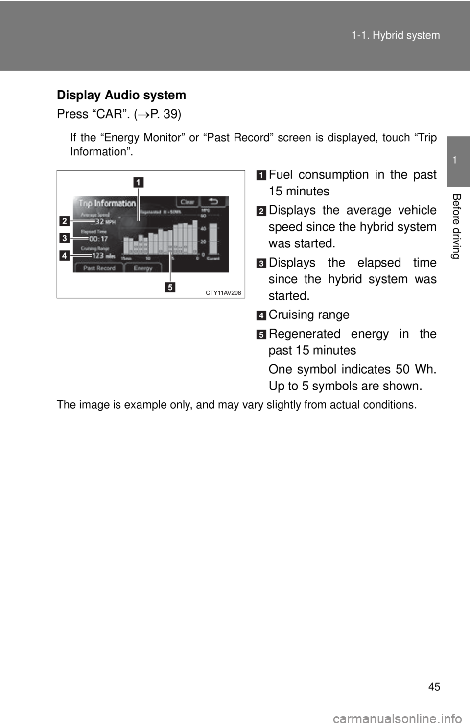 TOYOTA CAMRY HV 2012 Service Manual 45
1-1. Hybrid system
1
Before driving
Display Audio system
Press “CAR”. (
P.  3 9 )
If the “Energy Monitor” or “Past Record” screen is displayed, touch “Trip
Information”.
Fuel con