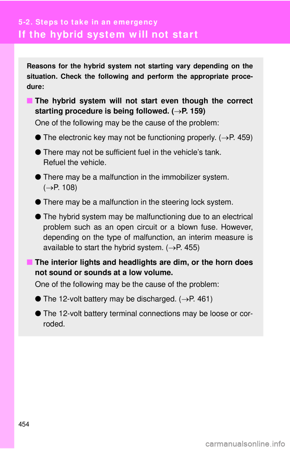 TOYOTA CAMRY HV 2012 Owners Manual 454
5-2. Steps to take in an emergency
If the hybrid system will not start
Reasons for the hybrid system not starting vary depending on the
situation. Check the following a nd perform the appropriate TOYOTA CAMRY HV 2012 Owners Manual 454
5-2. Steps to take in an emergency
If the hybrid system will not start
Reasons for the hybrid system not starting vary depending on the
situation. Check the following a nd perform the appropriate