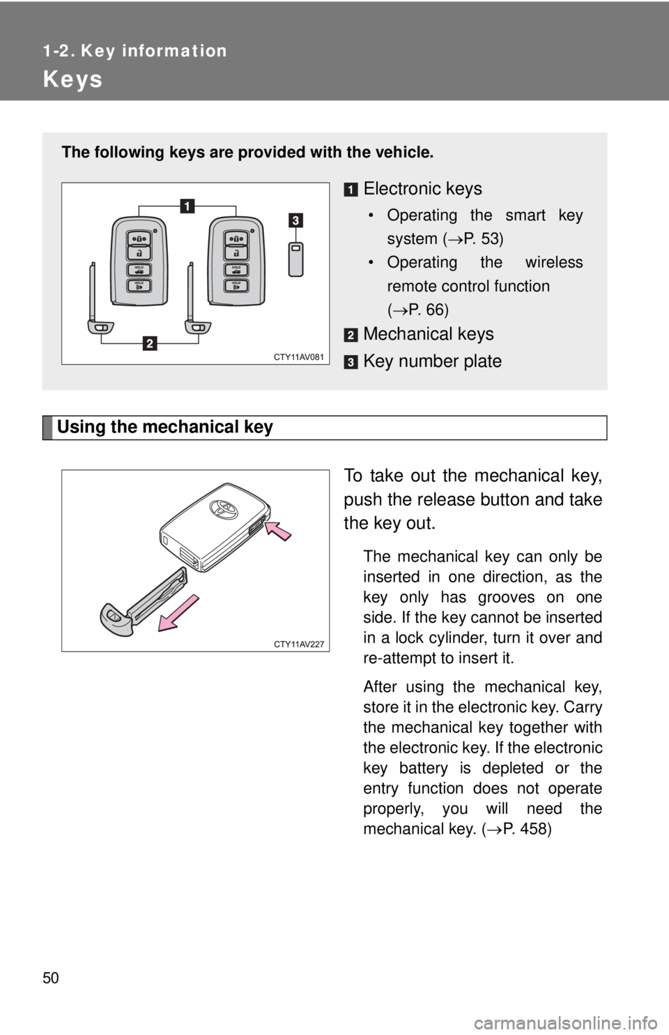 TOYOTA CAMRY HV 2012 Service Manual 50
1-2. Key information
Keys
Using the mechanical keyTo take out the mechanical key,
push the release button and take
the key out.
The mechanical key can only be
inserted in one direction, as the
key 