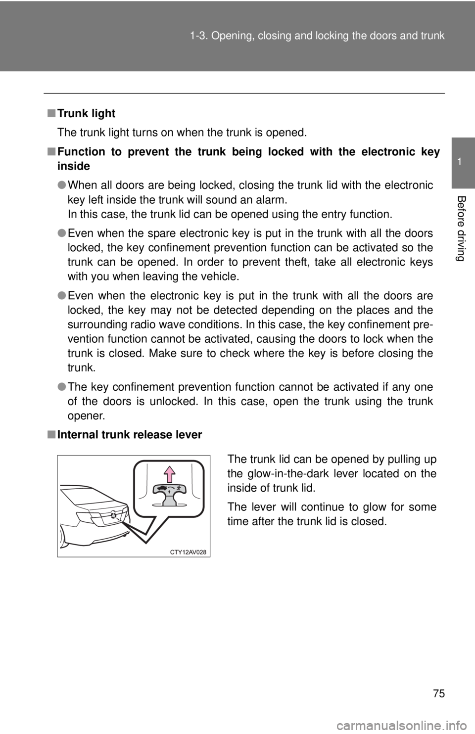 TOYOTA CAMRY HV 2012 Manual PDF 75
1-3. Opening, closing and locking the doors and trunk
1
Before driving
■
Trunk light
The trunk light turns on when the trunk is opened.
■ Function to prevent the  trunk being locked with the el