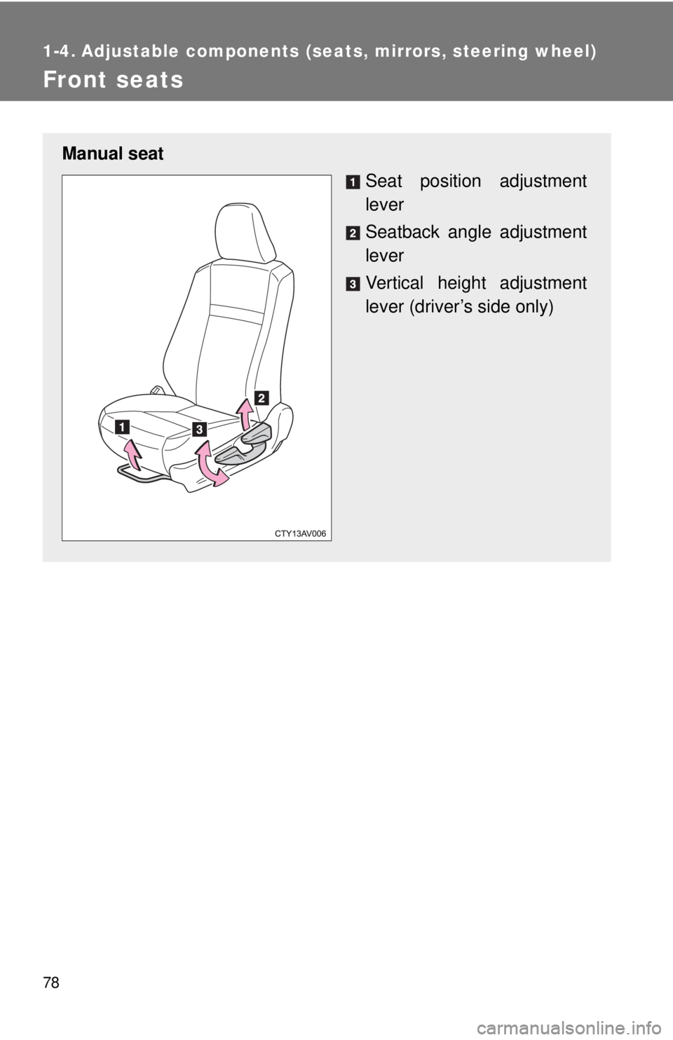 TOYOTA CAMRY HV 2012 Manual PDF 78
1-4. Adjustable components (seats, mirrors, steering wheel)
Front seats
Manual seat
Seat position adjustment
lever
Seatback angle adjustment
lever
Vertical height adjustment
lever (driver’s side 