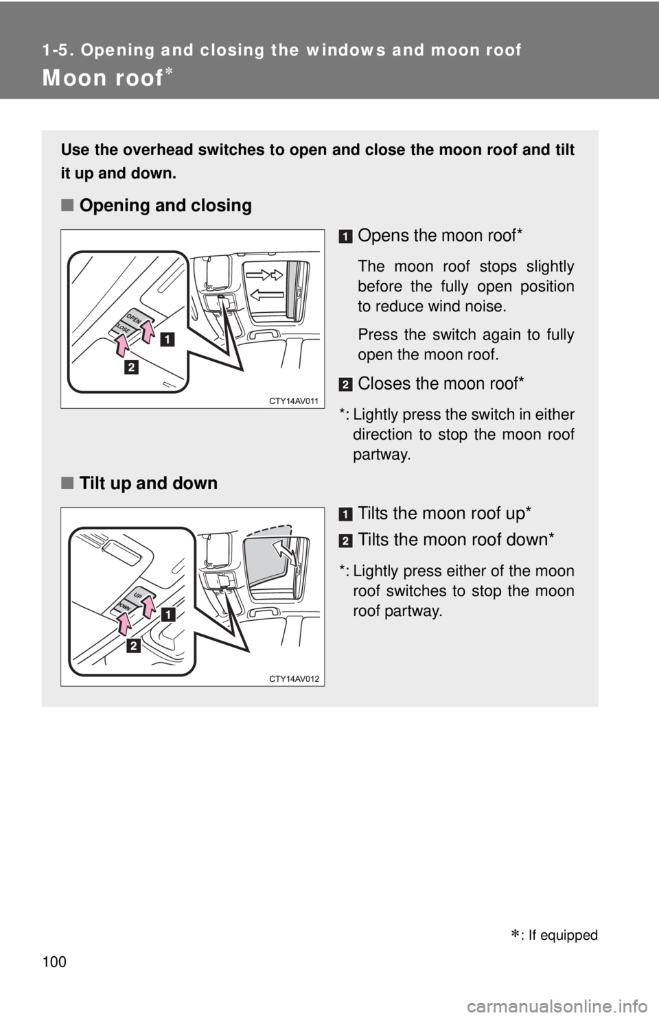 TOYOTA CAMRY HV 2012 Owners Manual 100
1-5. Opening and closing the windows and moon roof
Moon roof
Use the overhead switches to open and close the moon roof and tilt
it up and down.
■Opening and closing
Opens
the moon roof*
The TOYOTA CAMRY HV 2012 Owners Manual 100
1-5. Opening and closing the windows and moon roof
Moon roof
Use the overhead switches to open and close the moon roof and tilt
it up and down.
■Opening and closing
Opens
the moon roof*
The