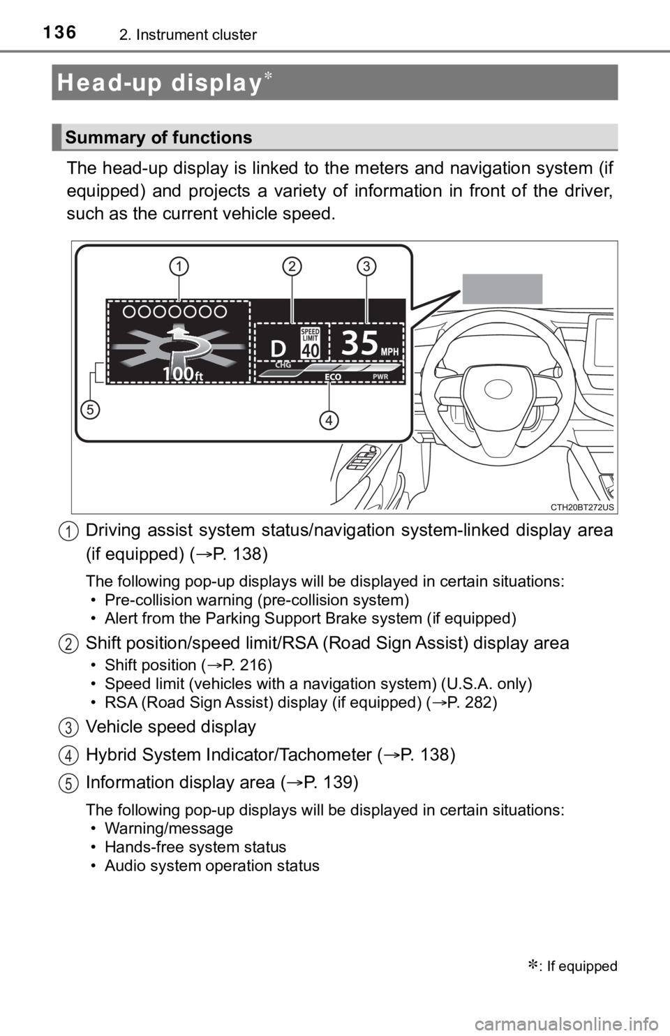 TOYOTA CAMRY HYBRID 2022 Owners Manual 1362. Instrument cluster
The head-up display is linked to the meters and navigation system (if
equipped) and projects a variety of information in front of the driver,
such as the current veh TOYOTA CAMRY HYBRID 2022 Owners Manual 1362. Instrument cluster
The head-up display is linked to the meters and navigation system (if
equipped) and projects a variety of information in front of the driver,
such as the current veh