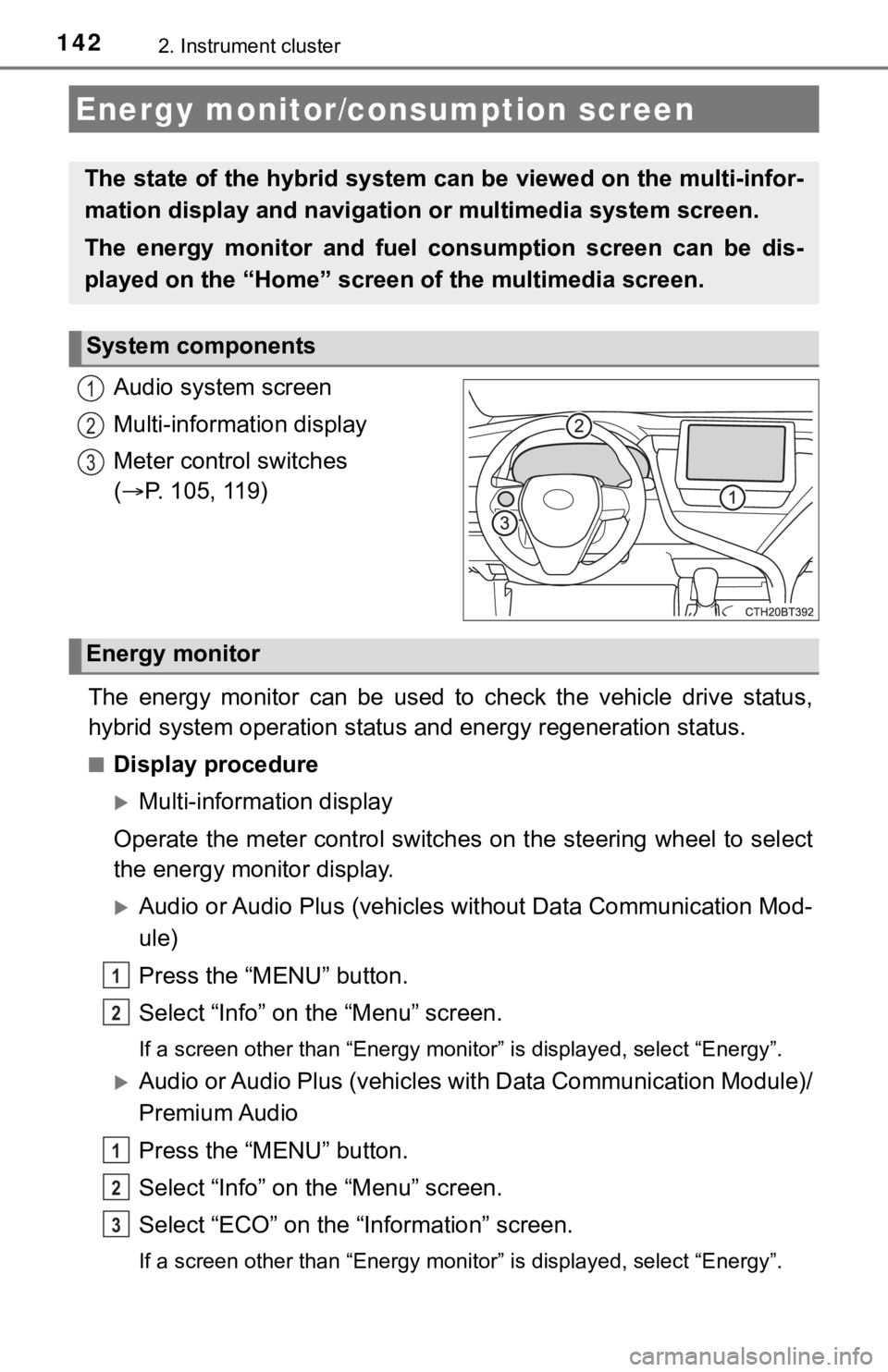 TOYOTA CAMRY HYBRID 2022  Owners Manual 1422. Instrument cluster
Audio system screen
Multi-information display
Meter control switches 
(P. 105, 119)
The  energy  monitor  can  be  used  to  check  the  vehicle  drive  status,
hybrid syst