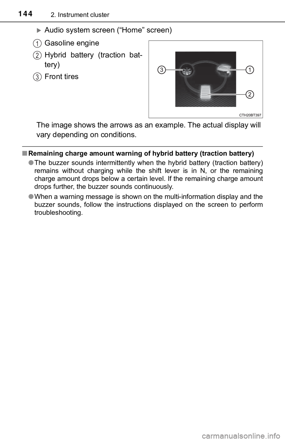 TOYOTA CAMRY HYBRID 2022  Owners Manual 1442. Instrument cluster
Audio system screen (“Home” screen)
Gasoline engine
Hybrid  battery  (traction  bat-
tery)
Front tires
The image shows the arrows as an example. The actual display will