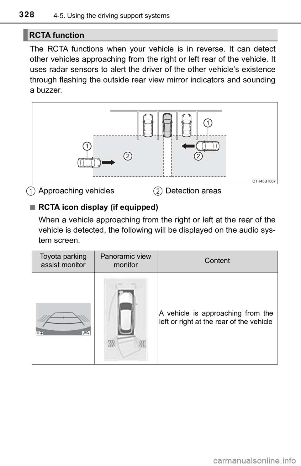 TOYOTA CAMRY HYBRID 2022 Owners Manual 3284-5. Using the driving support systems
The RCTA functions when your vehicle is in reverse. It can detect
other vehicles approaching from the right or left rear of the vehicle. It
uses ra TOYOTA CAMRY HYBRID 2022 Owners Manual 3284-5. Using the driving support systems
The RCTA functions when your vehicle is in reverse. It can detect
other vehicles approaching from the right or left rear of the vehicle. It
uses ra