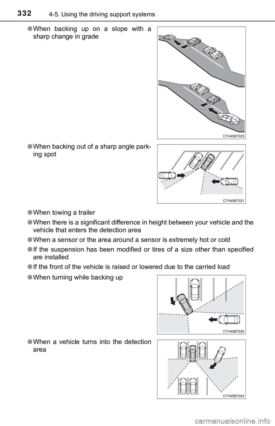 TOYOTA CAMRY HYBRID 2022  Owners Manual 3324-5. Using the driving support systems
●When towing a trailer
●When there is a significant difference in height between your vehicle and the
vehicle that enters the detection area
●When a sen