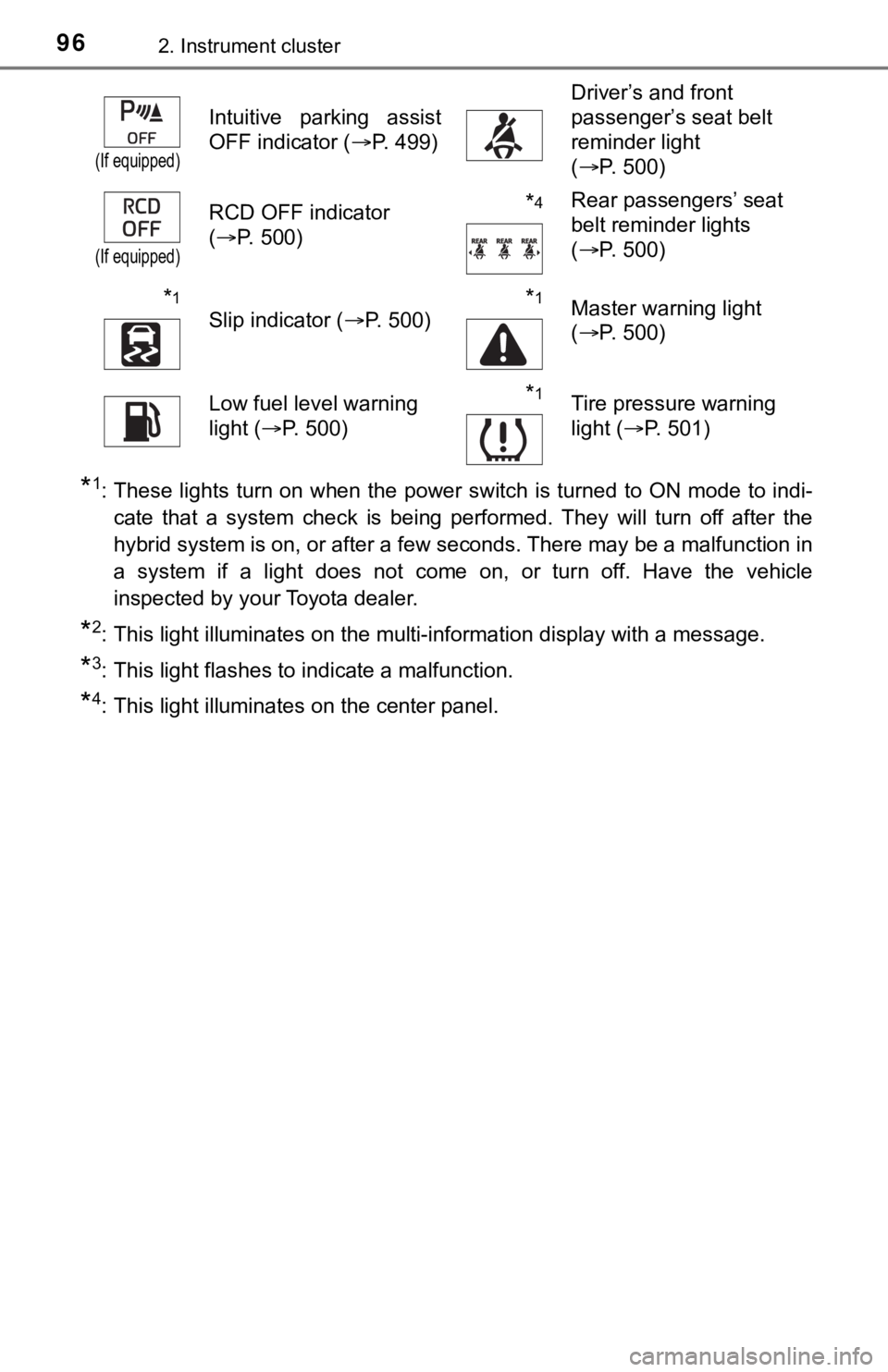 TOYOTA CAMRY HYBRID 2022  Owners Manual 962. Instrument cluster
*1: These lights turn on when the power switch is turned to ON mode to indi-
cate  that  a  system  check  is  being  performed.  They  will  turn  off  after  the
hybrid syste