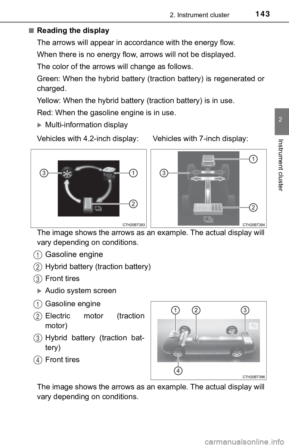 TOYOTA CAMRY HYBRID 2023 Owners Manual 1432. Instrument cluster
2
Instrument cluster
■Reading the display
The arrows will appear in accordance with the energy flow.
When there is no energy flow, a rrows will not be displayed.
The color o TOYOTA CAMRY HYBRID 2023 Owners Manual 1432. Instrument cluster
2
Instrument cluster
■Reading the display
The arrows will appear in accordance with the energy flow.
When there is no energy flow, a rrows will not be displayed.
The color o