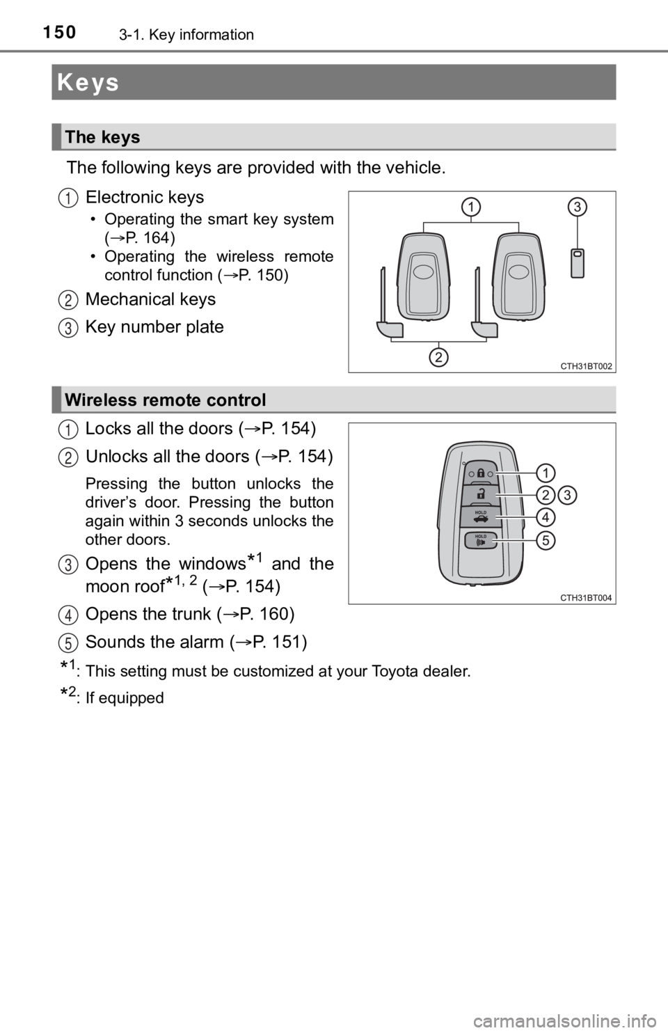TOYOTA CAMRY HYBRID 2023 Owners Manual 1503-1. Key information
The following keys are provided with the vehicle.
Electronic keys
• Operating the smart key system (P. 164)
• Operating the wireless remote control function ( TOYOTA CAMRY HYBRID 2023 Owners Manual 1503-1. Key information
The following keys are provided with the vehicle.
Electronic keys
• Operating the smart key system (P. 164)
• Operating the wireless remote control function ( 