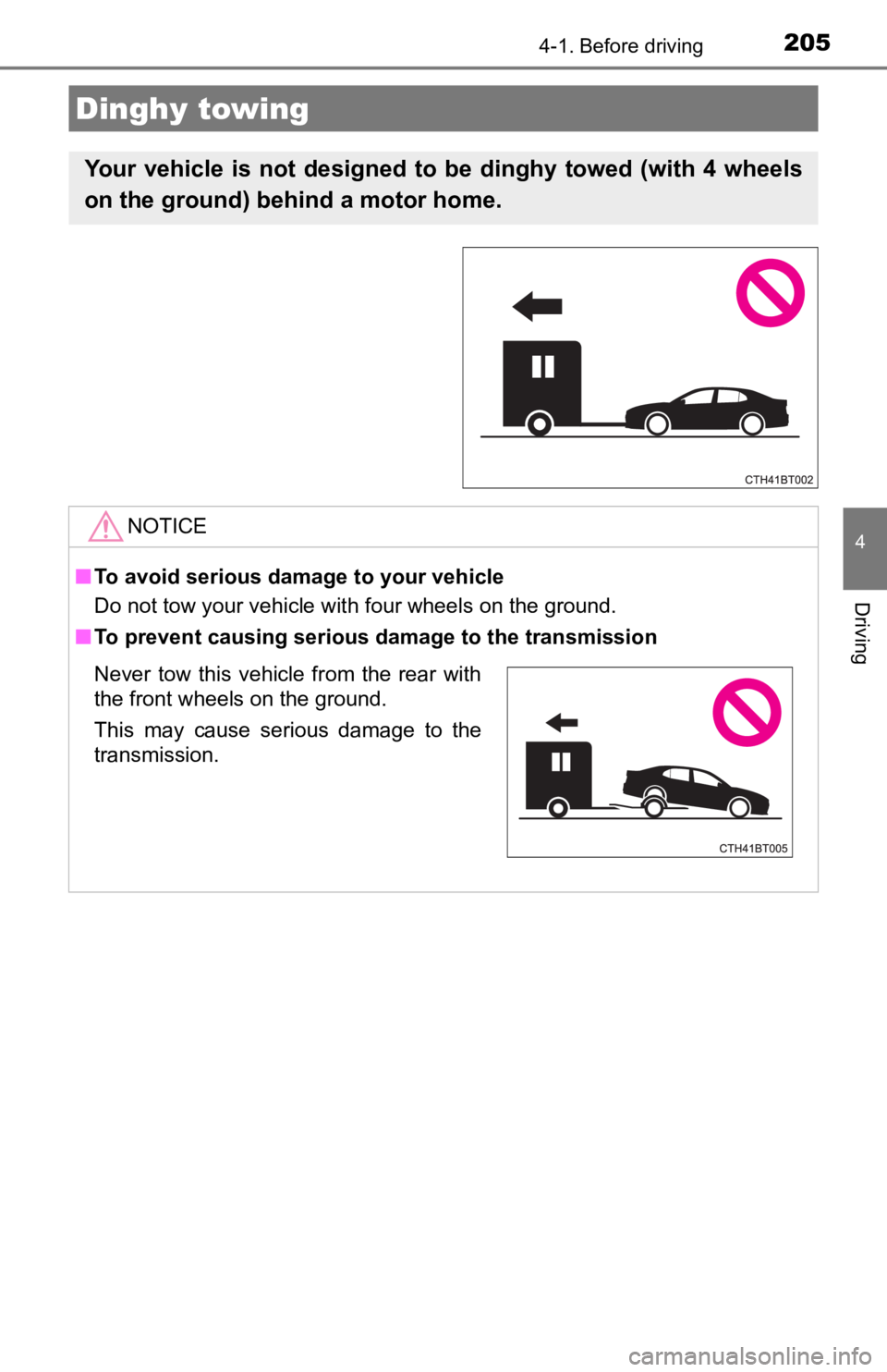 TOYOTA CAMRY HYBRID 2023  Owners Manual 2054-1. Before driving
4
Driving
Dinghy towing
Your  vehicle  is  not  designed  to  be  dinghy  towed  (with  4  wheels
on the ground) behind a motor home. 
NOTICE
■To avoid serious damage to your 