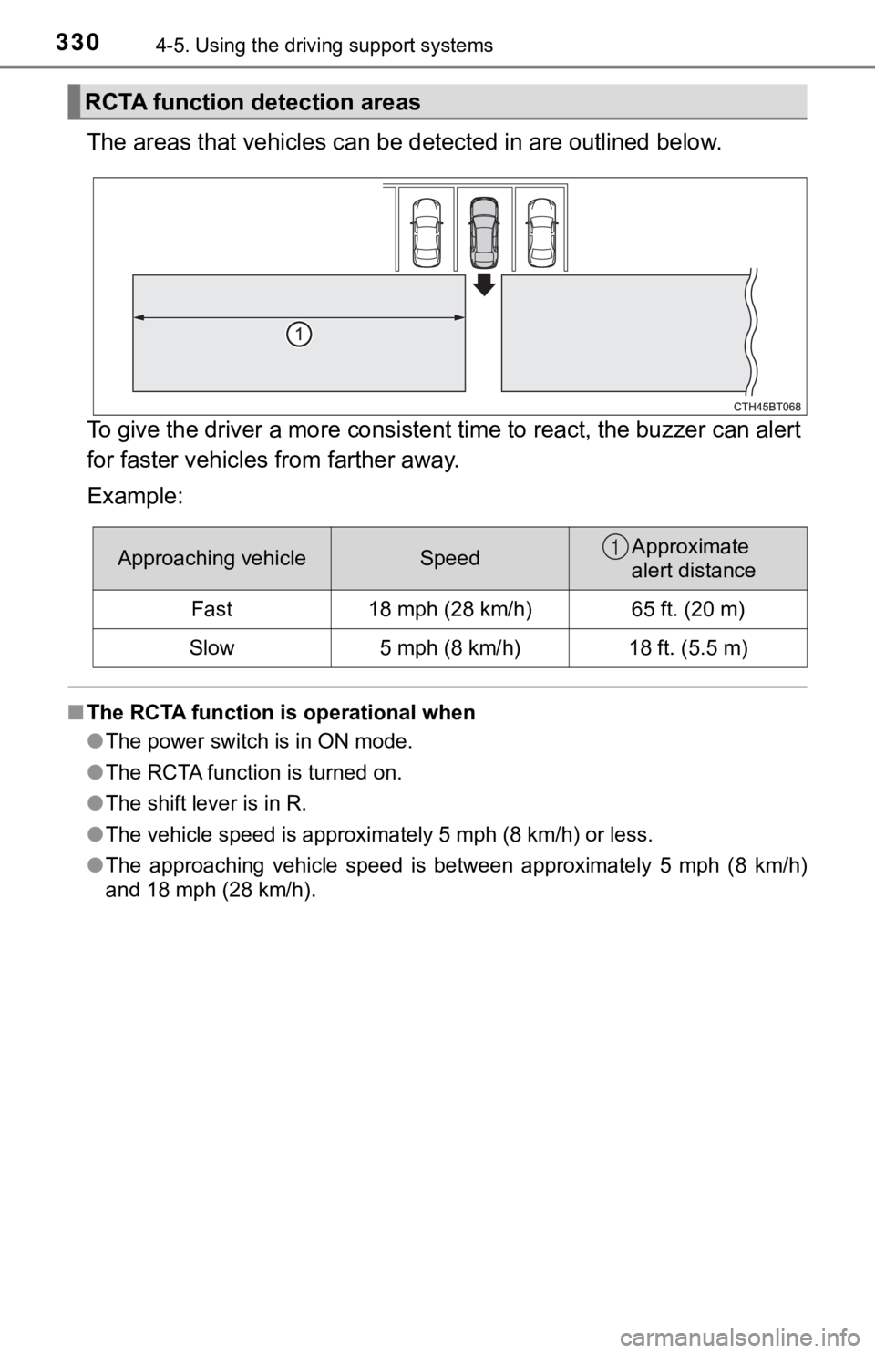 TOYOTA CAMRY HYBRID 2023  Owners Manual 3304-5. Using the driving support systems
The areas that vehicles can be  detected in are outlined below.
To give the driver a more consistent time to react, the buzzer  can alert
for faster vehicles 