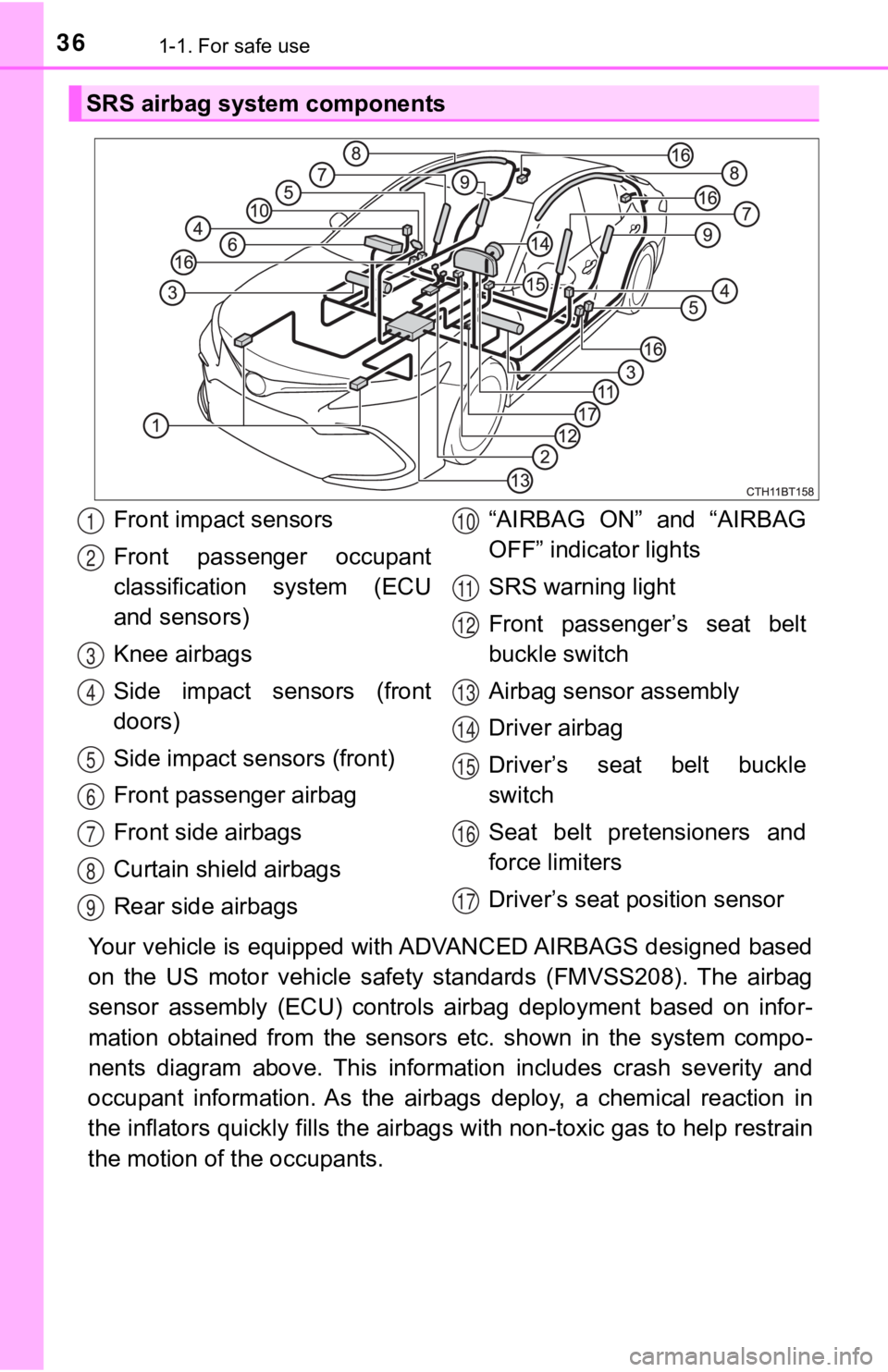 TOYOTA CAMRY HYBRID 2023 Owners Manual 361-1. For safe use
Your vehicle is equipped with ADVANCED AIRBAGS designed based
on the US motor vehicle safety standards (FMVSS208). The airbag
sensor assembly (ECU) controls airbag de TOYOTA CAMRY HYBRID 2023 Owners Manual 361-1. For safe use
Your vehicle is equipped with ADVANCED AIRBAGS designed based
on the US motor vehicle safety standards (FMVSS208). The airbag
sensor assembly (ECU) controls airbag de