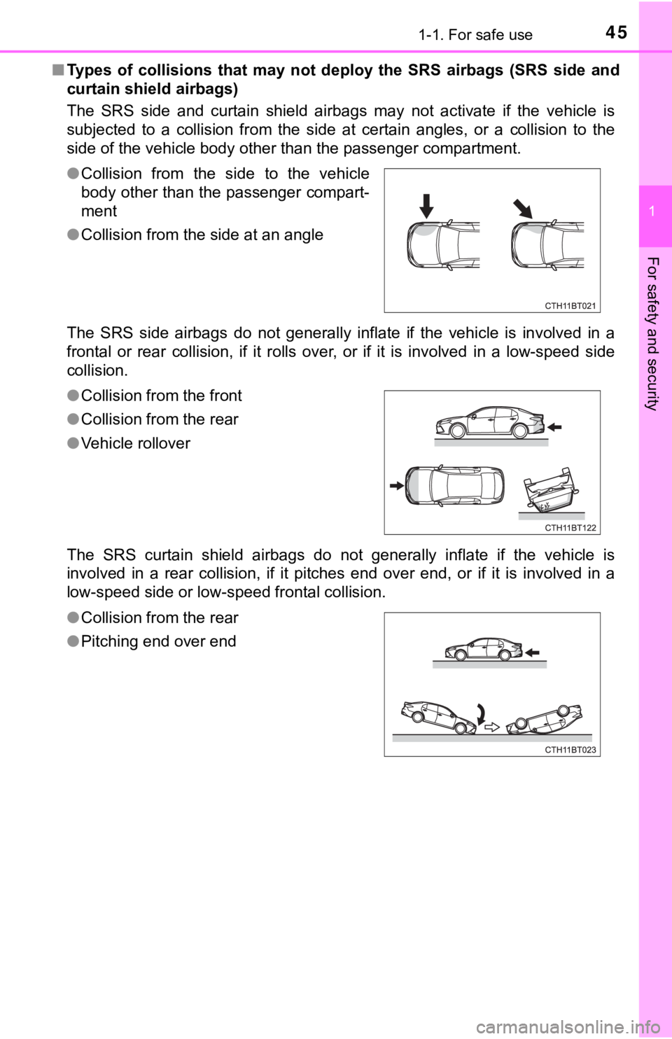 TOYOTA CAMRY HYBRID 2023 Service Manual 451-1. For safe use
1
For safety and security
■Types of collisions that may not deploy the SRS airbags (SRS si de and
curtain shield airbags)
The SRS side and curtain shield airbag TOYOTA CAMRY HYBRID 2023 Service Manual 451-1. For safe use
1
For safety and security
■Types of collisions that may not deploy the SRS airbags (SRS si de and
curtain shield airbags)
The SRS side and curtain shield airbag