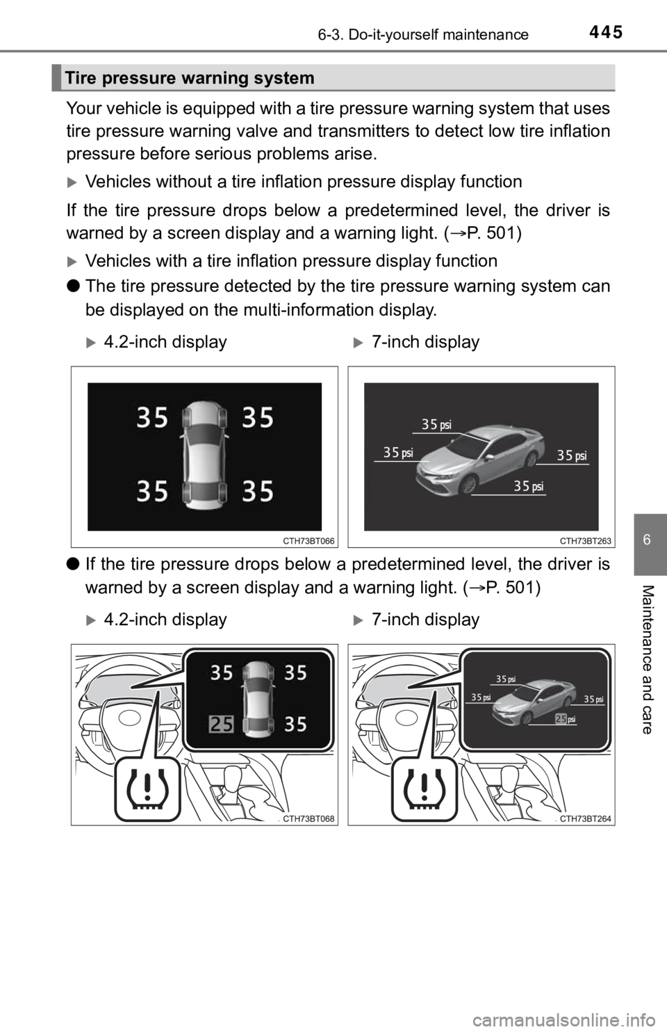 TOYOTA CAMRY HYBRID 2023  Owners Manual 4456-3. Do-it-yourself maintenance
6
Maintenance and care
Your vehicle is equipped with a tire pressure warning system that uses
tire pressure warning valve and t ransmitters to detect low tire inflat