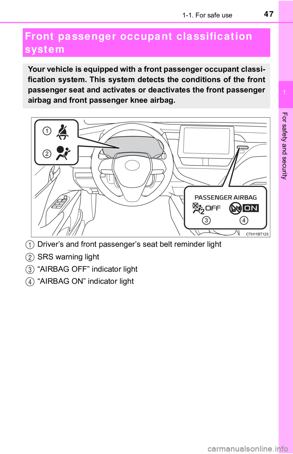 TOYOTA CAMRY HYBRID 2023 Service Manual 471-1. For safe use
1
For safety and security
Driver’s and front passenger’s seat belt reminder light
SRS warning light
“AIRBAG OFF” indicator light
“AIRBAG ON” indicator light
Front passe TOYOTA CAMRY HYBRID 2023 Service Manual 471-1. For safe use
1
For safety and security
Driver’s and front passenger’s seat belt reminder light
SRS warning light
“AIRBAG OFF” indicator light
“AIRBAG ON” indicator light
Front passe
