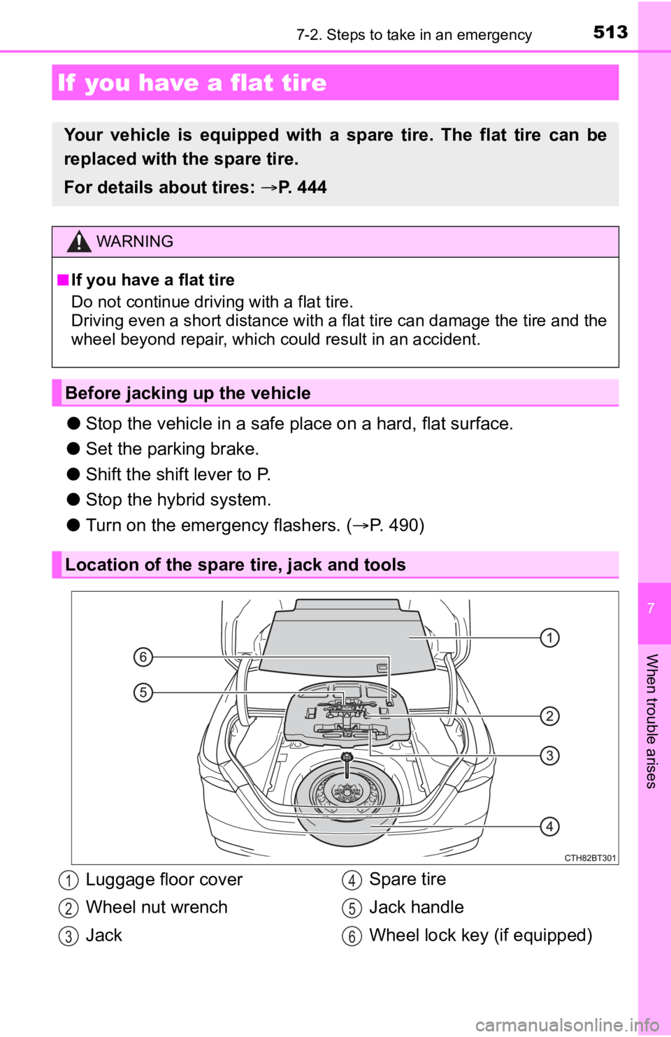 TOYOTA CAMRY HYBRID 2023  Owners Manual 5137-2. Steps to take in an emergency
7
When trouble arises
●Stop the vehicle in  a safe place on a hard, flat surface.
● Set the parking brake.
● Shift the shift lever to P.
● Stop the hybrid
