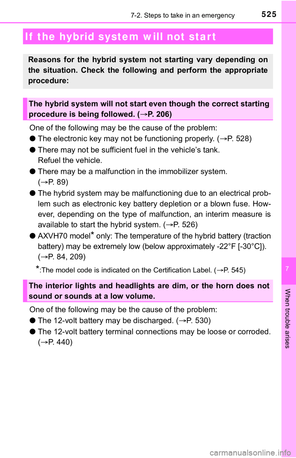 TOYOTA CAMRY HYBRID 2023 Owners Manual 5257-2. Steps to take in an emergency
7
When trouble arises
One of the following may be the cause of the problem:
● The electronic key may not be functioning properly. (P. 528)
● There may not TOYOTA CAMRY HYBRID 2023 Owners Manual 5257-2. Steps to take in an emergency
7
When trouble arises
One of the following may be the cause of the problem:
● The electronic key may not be functioning properly. (P. 528)
● There may not
